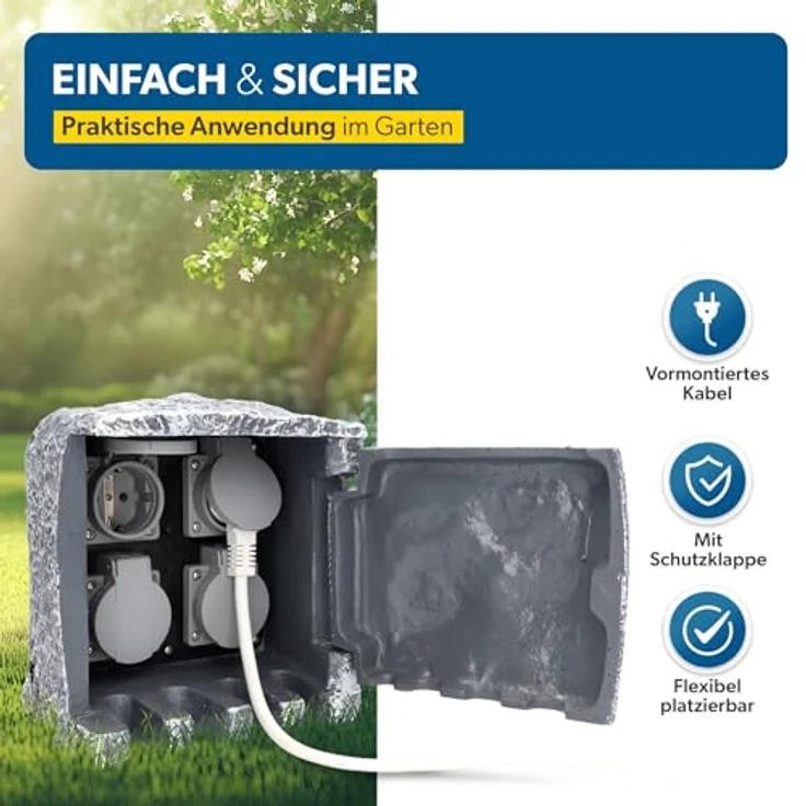 UNITEC Steckdosenverteiler für den Garten in Steinoptik, Gartensteckdose, Außensteckdose, IP 44, 4 Steckdosen Würfel – Bild 7