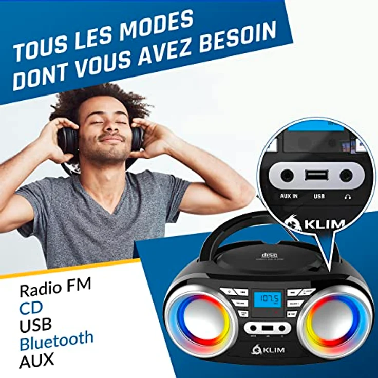 KLIM Boombox B3, Tragbarer CD Player mit FM Radio, Bluetooth, AUX, USB, RGB LED, kabel- & kabelloser Betrieb, wiederaufladbarer Akku, schwarz – Bild 3