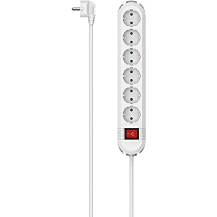 Hama Steckdosenleiste 6-fach, Schalter, Wandmontage, 2m (Steckdosenleiste mit Schalter, 6 fach Steckdosenleiste, Mehrfachsteckdose, Mehrfachstecker, mit Berührungsschutz, beleuchtet, 90°) weiß – Bild 1