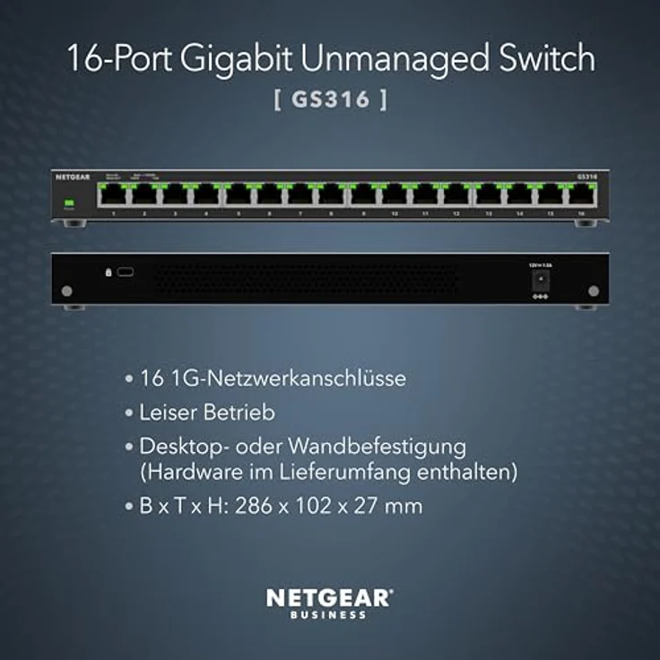 NETGEAR GS316, 16-Port Unmanaged Switch mit 16x Gigabit Ethernet Ports und lüfterlosem Design – Bild 2