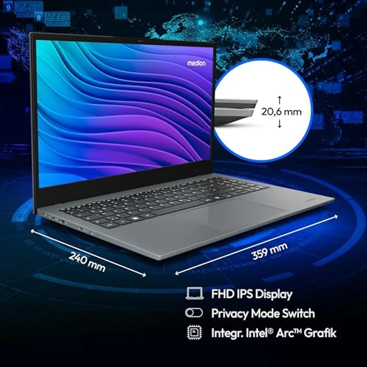 MEDION E15443 39,6 cm (15,6 Zoll Full HD) AI Laptop (Intel Core Ultra 7 155H, 32GB DDR5 RAM, 1TB SSD, Intel Arc, Windows 11 Home) - Leistungsstarker KI-gestützter Laptop – Bild 3