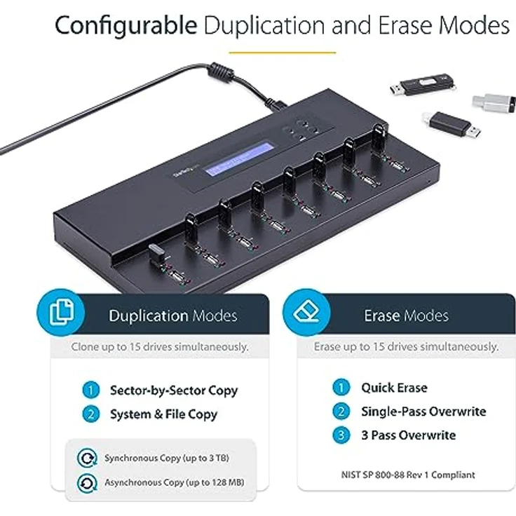 StarTech.com 1:15 USB Stick Klonstation und Löscher, Kopierer für mehrere USB Laufwerke, System and File und Sector-by-Sector Kopieren, 1,5 GB/min, Single und 3-Pass Löschen, LCD Display (USBDUPE115) – Bild 5