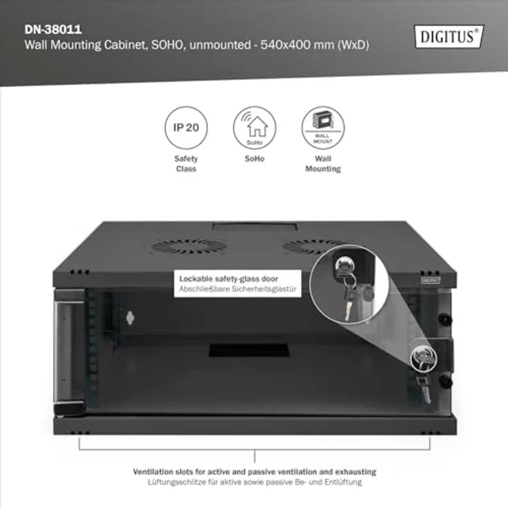 DIGITUS Netzwerkschrank - 19-Zoll Rack 4 HE - Unmontiert - Wandmontage - 400 mm Tiefe - Traglast 60 kg - Glastür - Schwarz – Bild 2