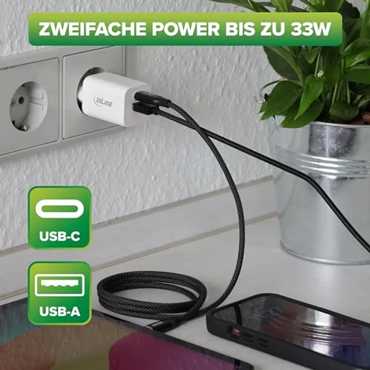 InLine USB C & USB A Netzteil 33W, Schnellladegerät mit Power Delivery & Quick Charge, weiß, 31508D – Bild 2