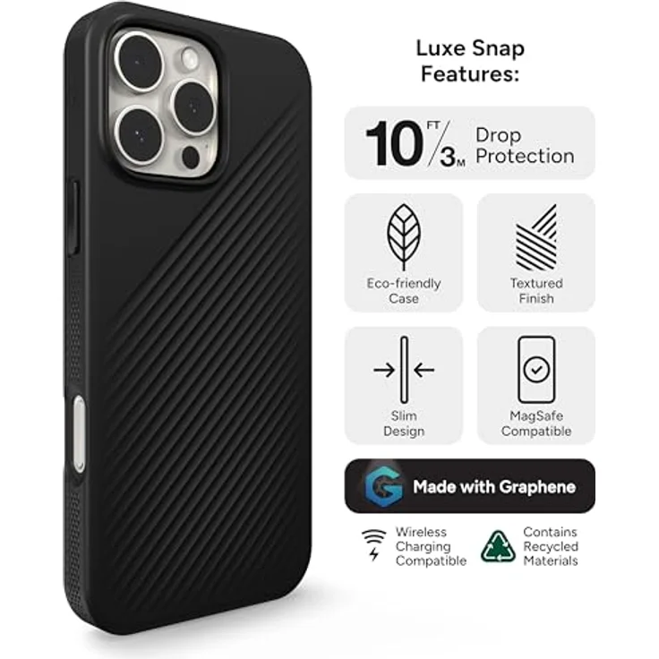 ZAGG Luxe Snap, Graphen-verstärkte Hülle für iPhone 16 Pro Max [6.9-Inch], MagSafe kompatibel, stoßfest, Abdeckung für die Rückseite (Schwarz) – Bild 3