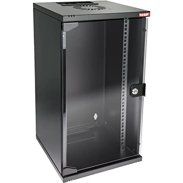 HMF 63412-02 Netzwerkschrank, Serverschrank 10 Zoll | 12 HE | 300 mm Tiefe | Voll montiert | Glastür | Schwarz