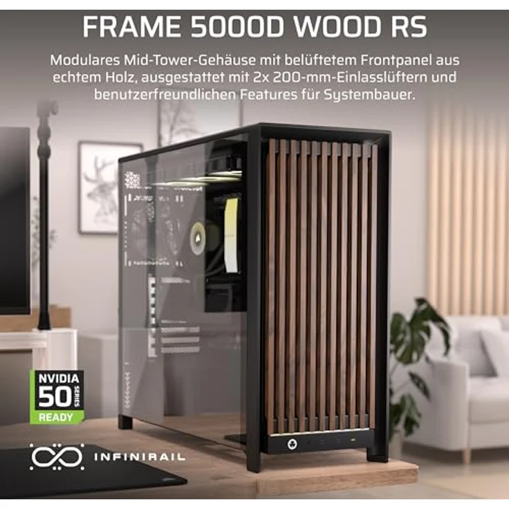 Corsair FRAME 5000D WOOD RS, Midi Tower PC, Schwarz/Braun, ATX, EATX, micro ATX, Mini-ITX, gehärtetes Glas, Gaming, mit RGB-Beleuchtung – Bild 3