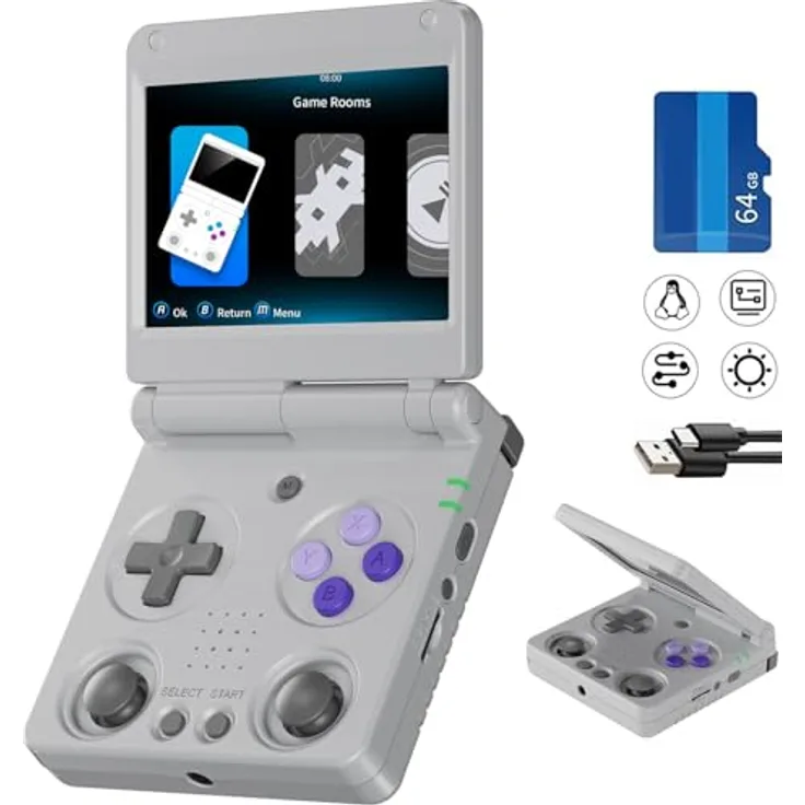 Anbernic Airuidas RG34XXSP Retro Handheld Game Console, 3.4" IPS-Display, Linux System, 64GB, 3300mAh Akku, WiFi/Bluetooth, grau
