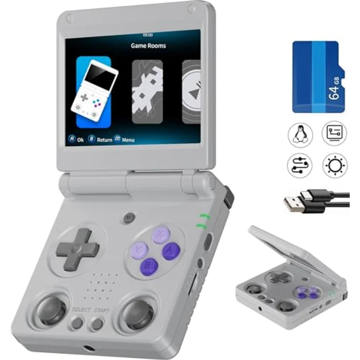 Anbernic Airuidas RG34XXSP Retro Handheld Game Console, 3.4" IPS-Display, Linux System, 64GB, 3300mAh Akku, WiFi/Bluetooth, grau – Bild 1