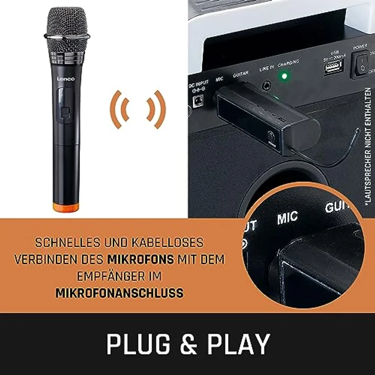 Lenco MCW-011 Kabelloses Mikrofon - Funkmikrofon mit Empfänger - 6,5mm Stecker - integrierter Akku mit 2000nAH - bis zu 15 Meter Reichweite - 863,5 MHz - Schwarz – Bild 3