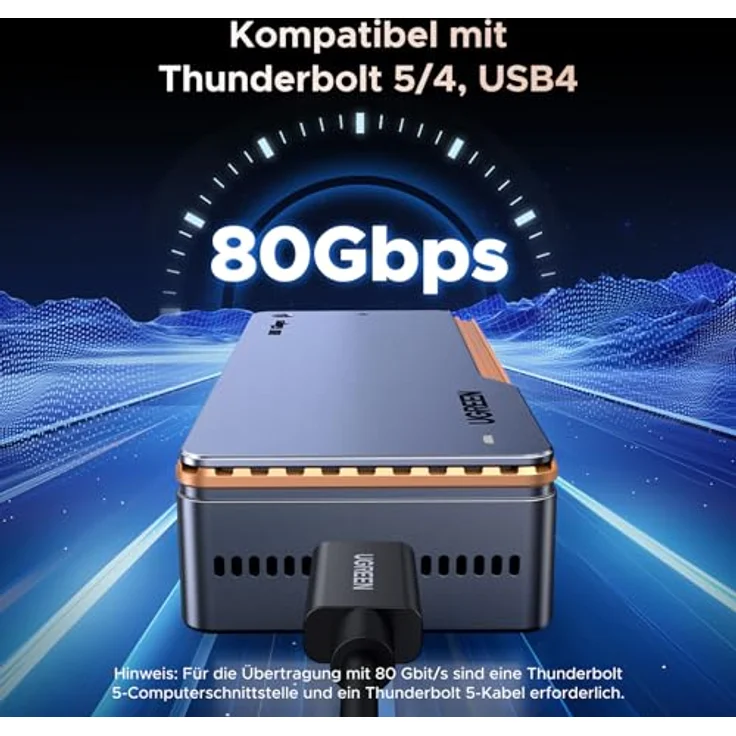 UGREEN M.2 NVMe SSD Gehäuse, 80Gbps mit Intel JHL9480 Chip, kompatibel mit Thunderbolt 5/4 und USB 4, für MacBook Pro M4/M4 Pro/M4 Max und HP Celeron N4120, leichte und tragbare Bauweise – Bild 2