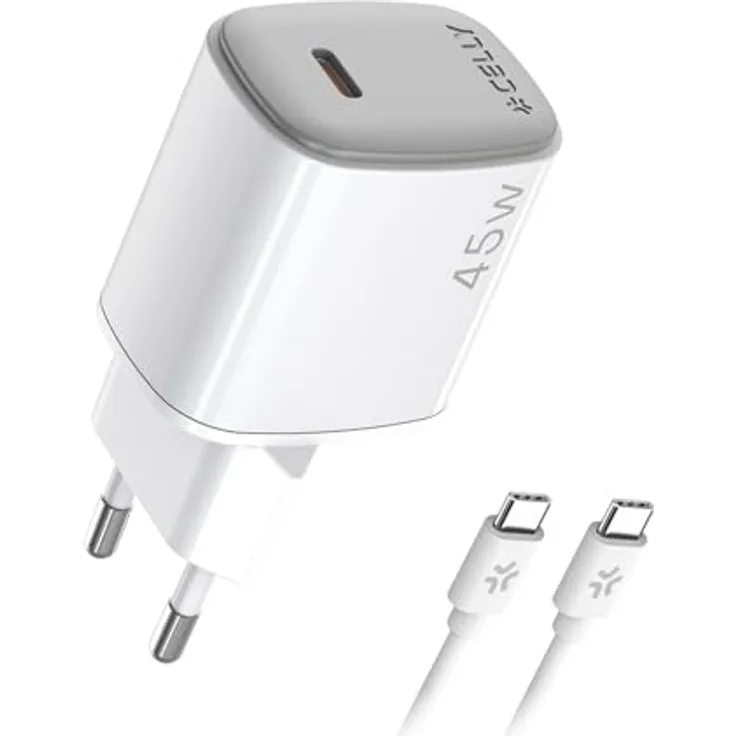 Celly USB-C-Wandladegerät 45 W mit GaN-Technologie, inkl. 2 m USB-C-Kabel, Schnellladung für Smartphones, Tablets und Laptops