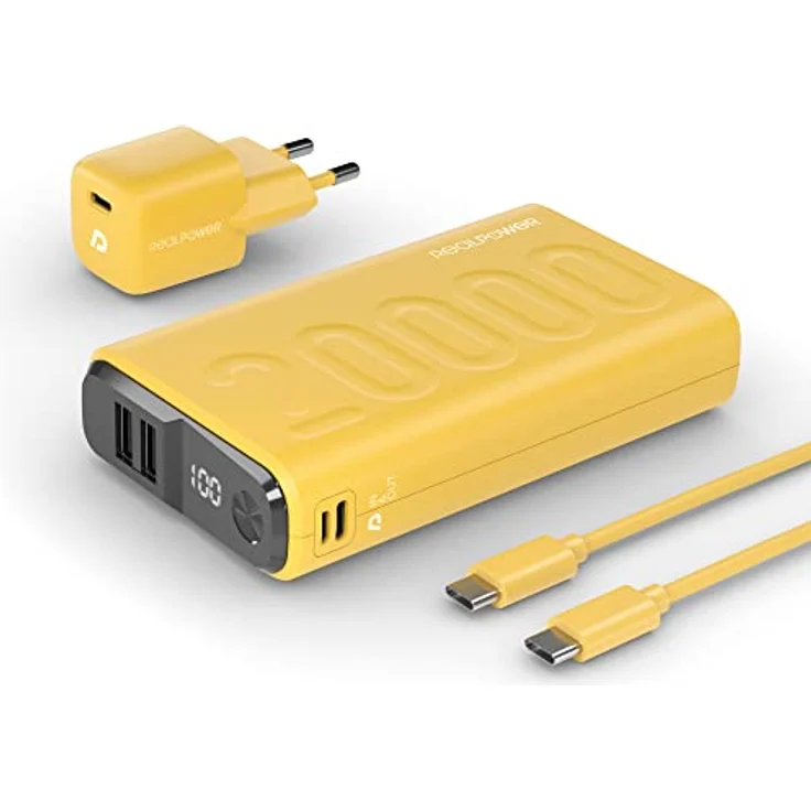 Realpower PB-20000 PowerPack PD Ladeset Powerbank mit 22.5W Power und 20.000mAh Kapazität, Nano USB-C Ladegerät, kompatibel mit iPhone ProMax, iPad, Samsung Galaxy, Google Pixel usw, Gelb – Bild 1