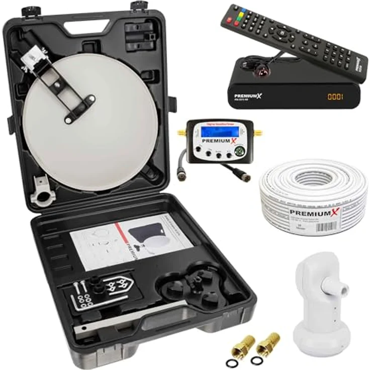 Premium X Camping Satelliten Anlage, HD TV Receiver mit SAT-Finder, wettergeschütztem LNB und 10m Kabel im Koffer – Bild 1