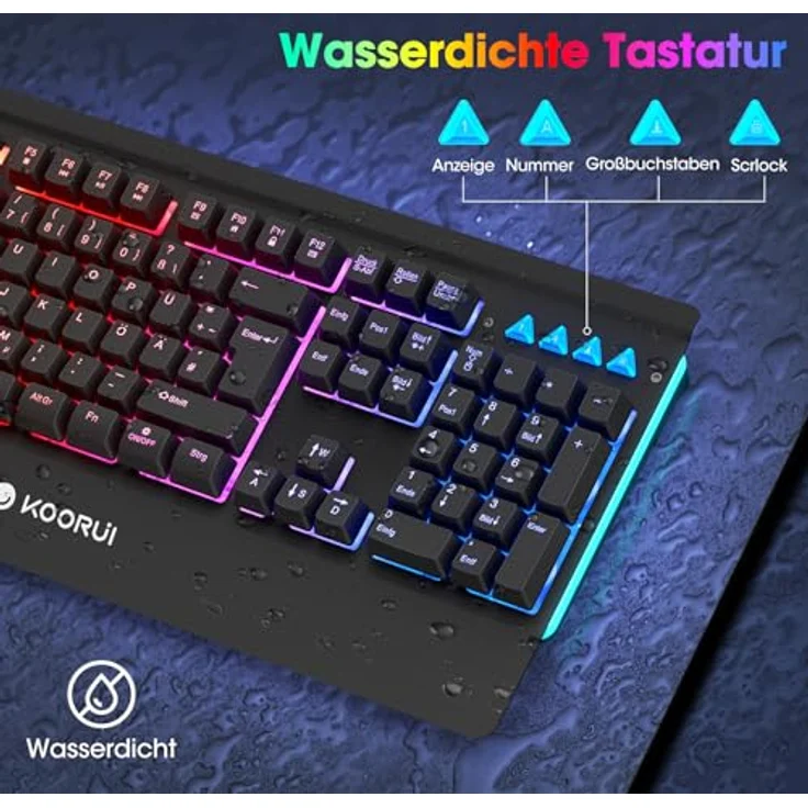 KOORUI Gaming Tastatur K0104, Deutsches QWERTZ-Layout, Handballenauflage, Anti-Ghosting, USB, 12 Multimedia Tasten, spritzwassergeschützt, schwarz – Bild 3