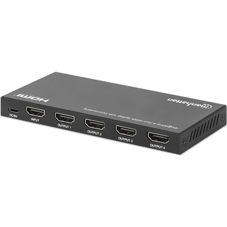 Manhattan HDMI 4K @ 60Hz 4 Port HDMI Splitter – HDMI Switcher 1 in 4 Out, 18 Gbit/s, 4K @ 120 Hz, EDID Switch Auto Image Optimization - Schwarz