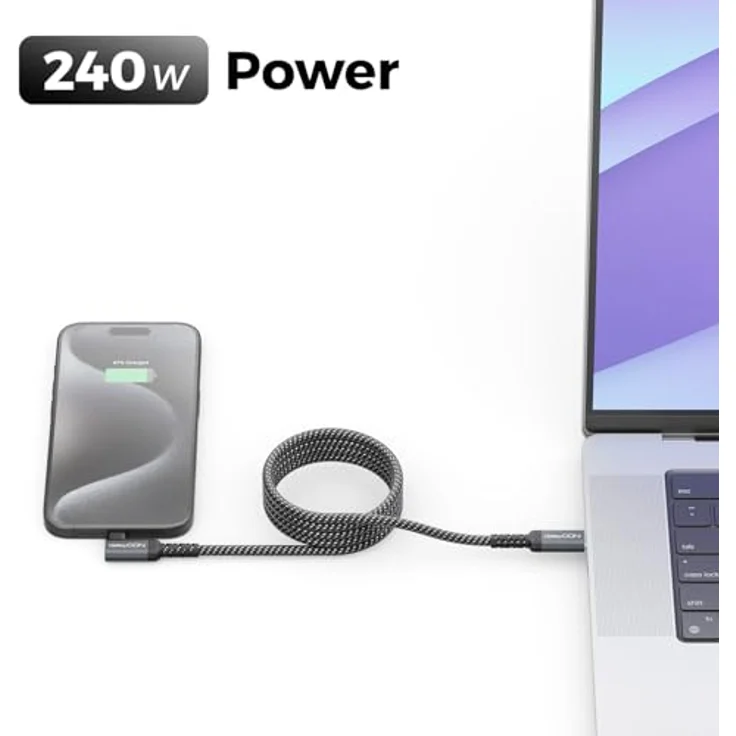 deleyCON 1m 240W USB-C Kabel Winkel 90 Grad, Schnellladekabel USB-C auf USB-C mit PD 3.0, geflochtenes Nylon, kompatibel mit iPhone 17, Galaxy S25, iPad, MacBook, PS5 – Bild 5