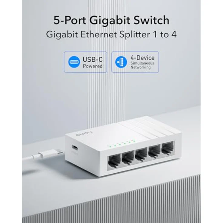 Cudy GS105U, 5 Port Gigabit Ethernet Switch mit USB-C Power Jack, Plug & Play, fanlos, unmanaged, Kunststoffgehäuse – Bild 2