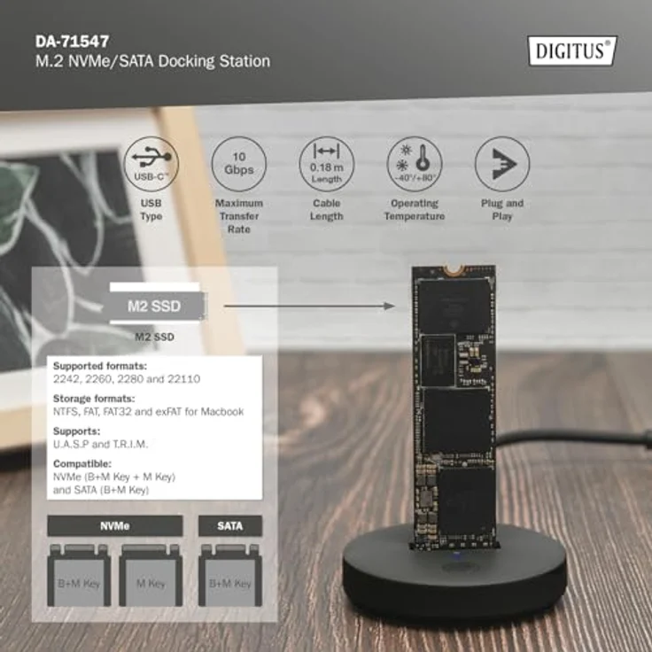 DIGITUS M.2 NVMe/SATA USB-C Docking Station - USB 3.2 Gen2-10 Gbit/s - M.2 Formate 2242, 2260, 2280 & 22110 - max. Kapazität 4TB - für PC, Notebook, Spielekonsolen - Hotswap - Plug & Play - Schwarz – Bild 4