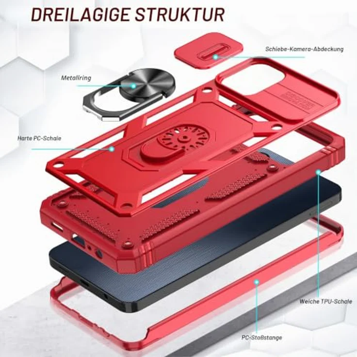 LeYi Kameraschieber Handyhülle für Samsung Galaxy A06, Militärschutz Case mit Schiebekamera Abdeckung und 360° Metallring, stoßfest, rot, inklusive 2 Displayschutzfolie Glas – Bild 3