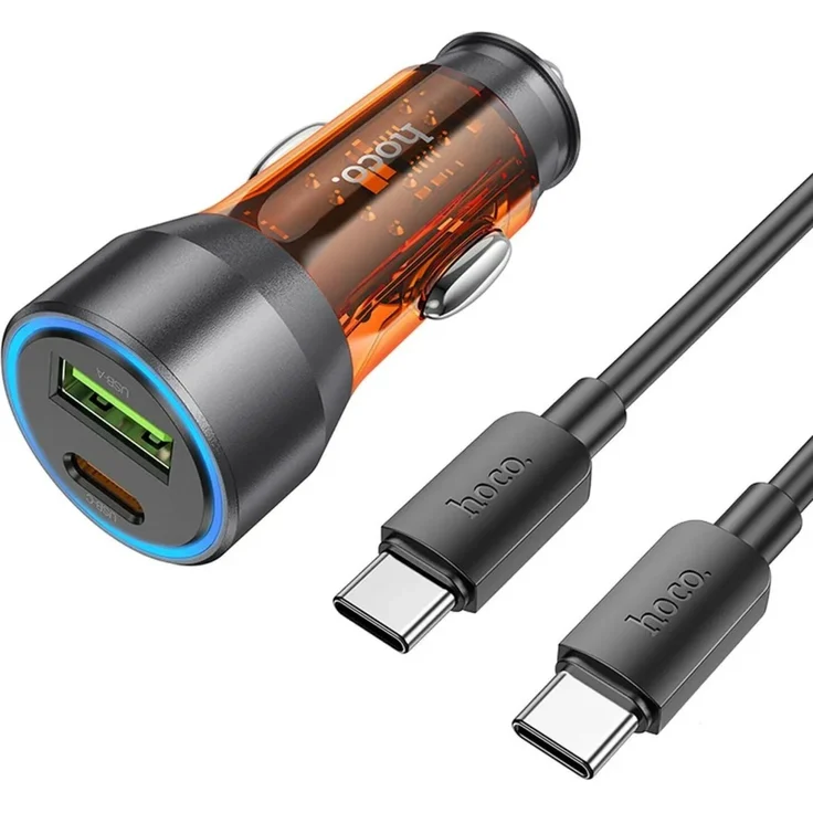 Hoco Autoladegerät USB QC 18W + Typ C 25W + Kabel Typ C auf Typ C PD43W NZ12A transparent orange, Schnellladefunktion, Dual-Ausgang, 1m USB-C-Kabel enthalten, Aluminiumlegierung + PC, PD 25W, QC 3.0, FCP, AFC