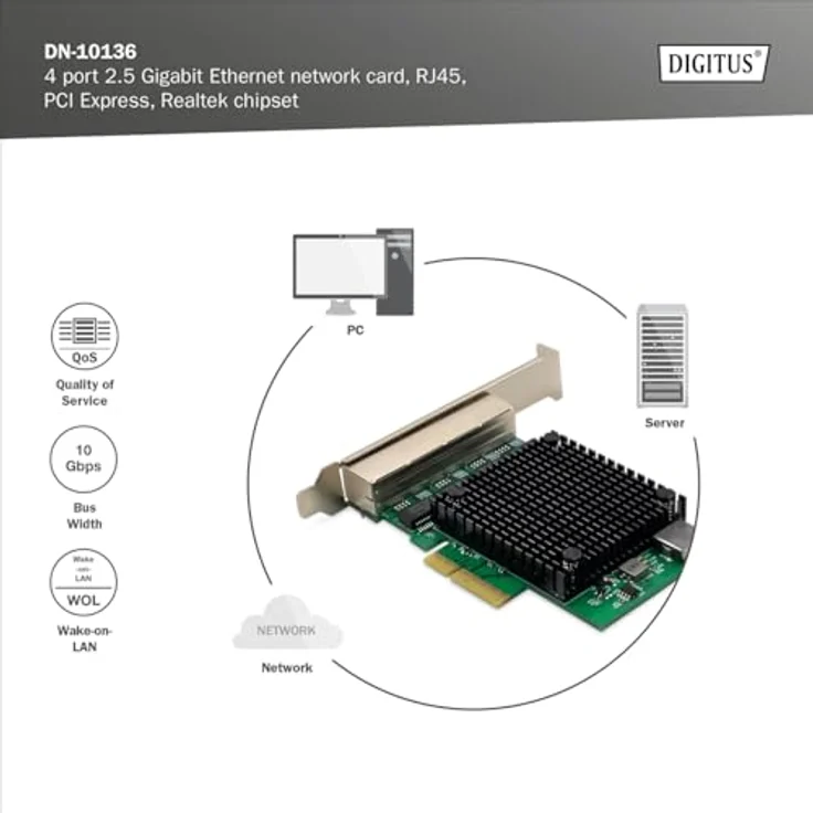 DIGITUS 2.5 Gigabit Ethernet Server Netzwerkkarte - 4 Port RJ45 - RTL8125B - 10/100/1000/2500 Mbps, PCI-Express x4, Schwarz – Bild 3