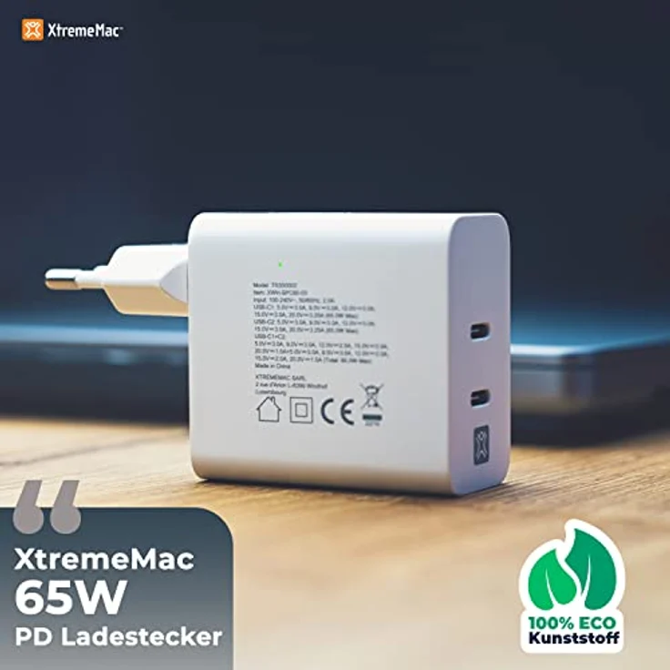 XtremeMac Premium USB-C Ladegerät 65W, 2-Port Schnellladegerät PD Charger 60W - Kompatibel mit MacBook Pro/Air, iPad Pro/Air, iPhone 15//14/13/12/11, Galaxy S23/S23 Ultra/S22 - Innovatives Design, aus recyceltem Plastik, zuverlässiger Überstromschutz – Bild 2