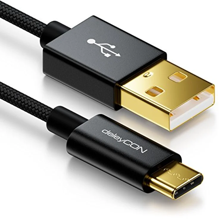deleyCON 0,5m USB-C Kabel - Ladekabel Datenkabel - Nylon + Metallstecker - Kompatibel mit Apple Samsung Google Huawei Xiaomi - Schwarz – Bild 1