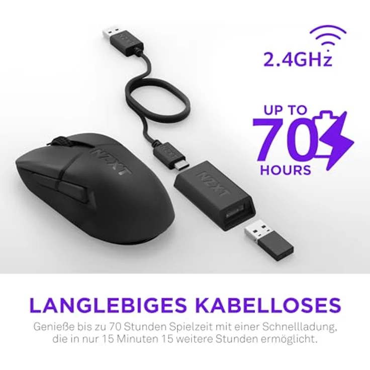 NZXT Gamingmaus Lift Elite Wireless – Ultraleicht: 57 g – Abfragerate 4K/8K, optische Schalter, optischer Sensor mit 26K DPI – Lange Akkulaufzeit – Seitengriffflächen aus Gummi – Schwarz – Bild 4