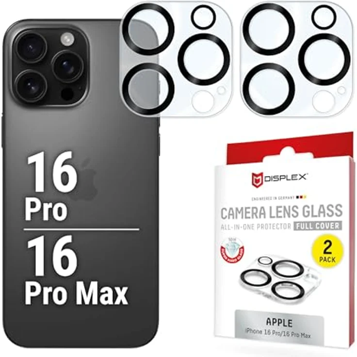 Displex Full Cover Camera Lens Glass, iPhone 16 Pro/16 Pro Max, 10H Härte, Quick Mount, 2 Stück, schmutz- und fingerabdruckgeschützt – Bild 1