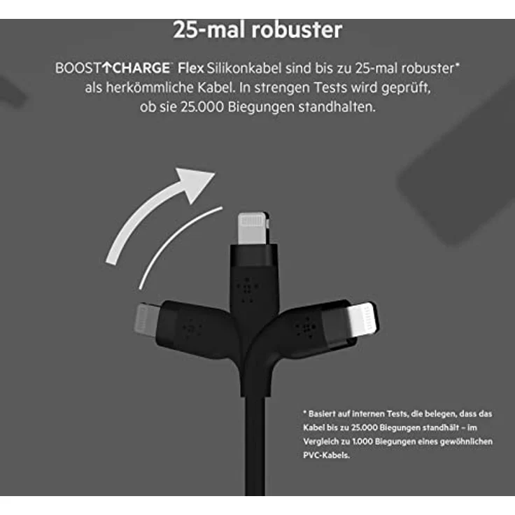 Belkin BoostCharge Flex Silikon-USB-C/Lightning-Kabel, 1 m, MFi-zertifiziert, 20 W, zum Schnellladen mit PD Power Delivery für iPhone 14/14 Plus, 13, 12, Pro, Max, mini, SE und andere Geräte – Schwarz – Bild 3