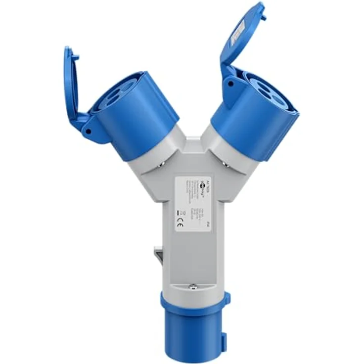 goobay CEE-Adapter 76236, CEE-Stecker auf 2 x CEE-Buchse, tragbar, wasserdicht IP44, mit Schutzabdeckung, für Wohnmobile und Wohnwagen – Bild 1
