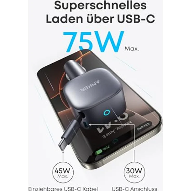 Anker USB-C Kfz-Ladegerät 75W Max, ultra-kompaktes Schnellladegerät mit einziehbarem Kabel für iPhone 16/15, MacBook Pro/Air, iPad und Galaxy, schwarz – Bild 2