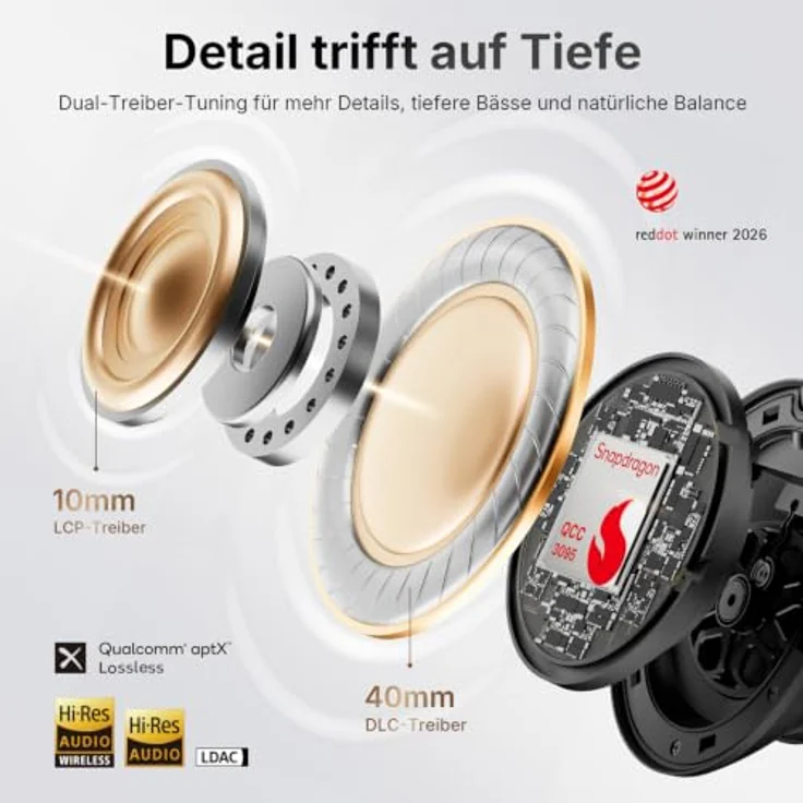 EarFun Wave Pro X, Noise Cancelling Kopfhörer mit Dual-Treiber, aptX Lossless Hi-Res Audio, 90 Std. Akku, 8 KI-Mikrofone, Bluetooth 6.0, Multipoint, App – Bild 2