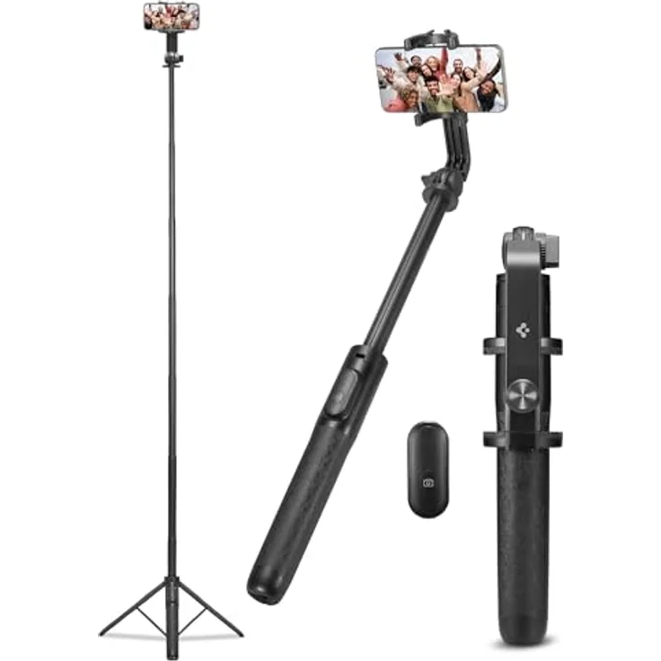 Spigen S560W, Bluetooth Selfie Stick Tripod mit 190° beweglichem Kopf, 360° drehbarem Griff, Schwarz