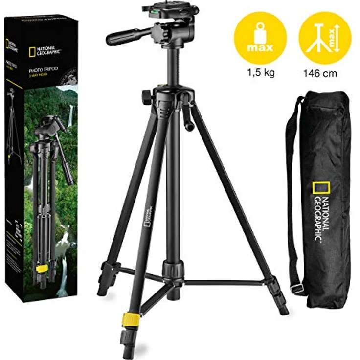 National Geographic Fotostativ-Kit, medium, 3-Wege-Kopf, Schnellwechselplatte, 3 Beinsegmente, Klemmverschluss, Kurbelmittelsäule, trägt bis zu 1.5 kg, Aluminium, für Canon, Nikon, Sony, NGHP00 – Bild 3