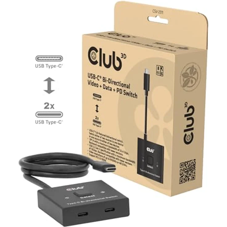 club3D CSV-2511 USB-C® Umschalter, bidirektional, 8K Auflösung, 10 Gbps Datenübertragung, PD 3.0 Unterstützung – Bild 2
