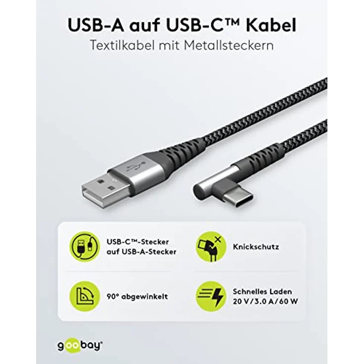 goobay 64655 USB C auf USB A Kabel mit 90 Grad Winkel/Handykabel 480 Mbits/USB C Schnellladekabel 60W & 20V / Textilkabel Grau 0,5m – Bild 2
