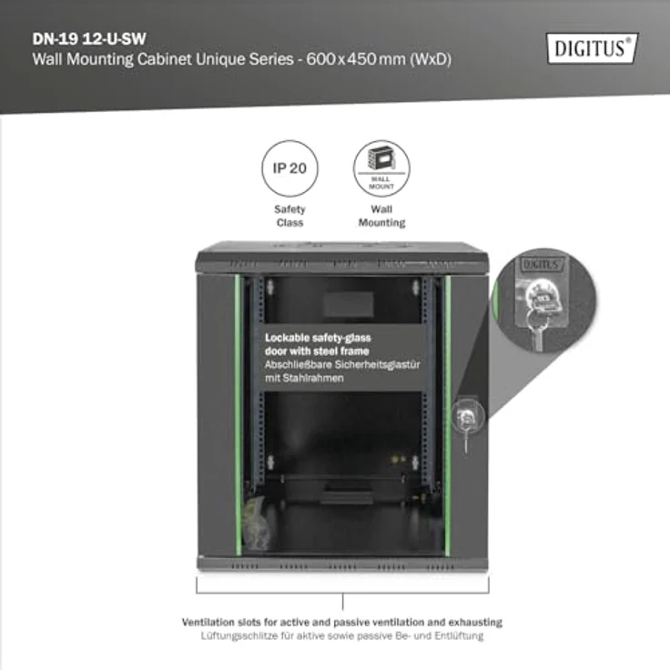 DIGITUS Netzwerk-Schrank 19 zoll 12 HE - Wandmontage - 450 mm Tiefe - Traglast 100 kg - Unique Serie - Glastür - Schwarz – Bild 2