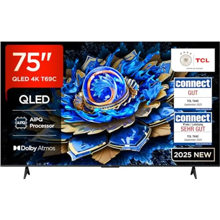 TCL 75T69C, 75 Zoll QLED Direct LED TV, 4K HDR, Smart Google TV mit Dolby Vision & Atmos, kompatibel mit Google Assistant & Alexa, Motion Clarity, HDMI 2.1