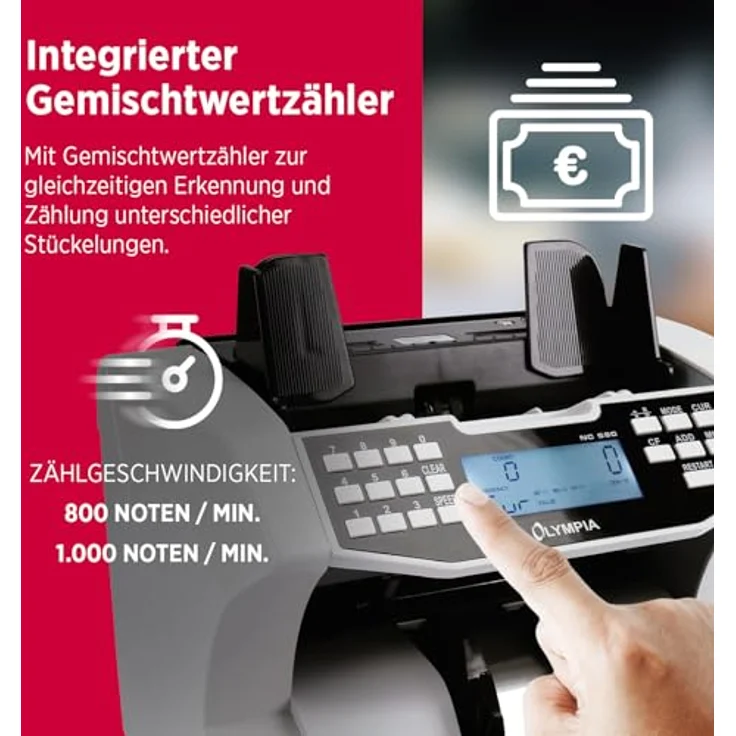 Olympia NC 590, Geldzähler für Scheine mit Falschgeldprüfung, 1500 Noten/Min, LCD Display, Frontladegerät, gemischtwertzähler für unsortierte Banknoten – Bild 4