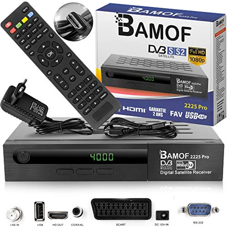 Bamof 2225 PRO Sat Receiver Digitaler Satelliten Receiver- (HDTV, DVB-S /DVB-S2, HDMI, SCART , 2X USB , Full HD 1080p ) [Vorprogrammiert für Astra, Hotbird und Türksat] + HDMI Kabel