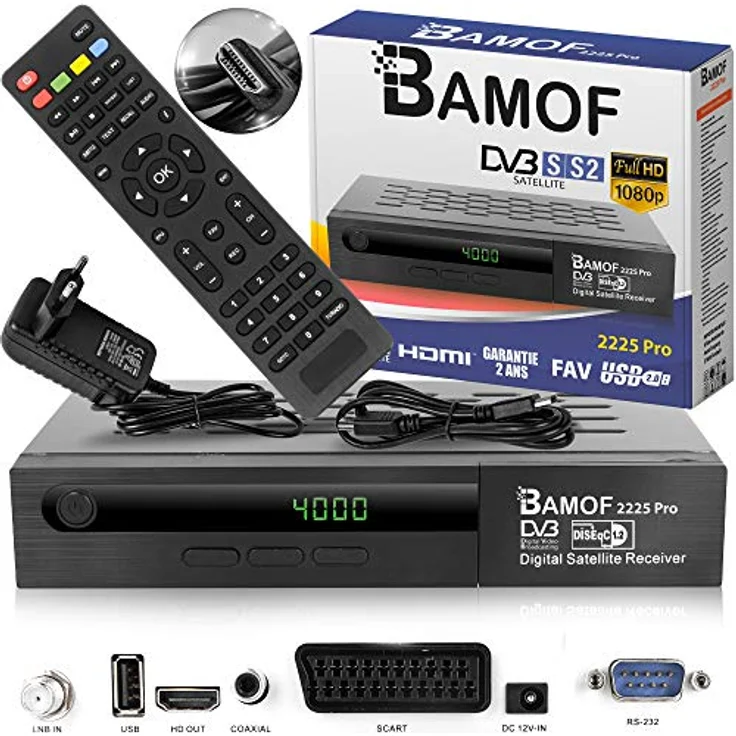 Bamof 2225 PRO Sat Receiver Digitaler Satelliten Receiver- (HDTV, DVB-S /DVB-S2, HDMI, SCART , 2X USB , Full HD 1080p ) [Vorprogrammiert für Astra, Hotbird und Türksat] + HDMI Kabel – Bild 1