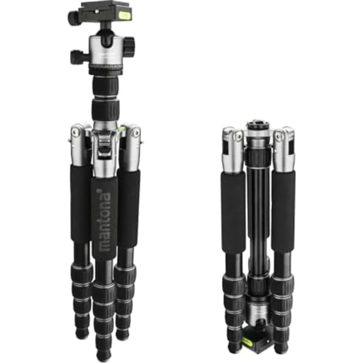 Mantona light traveller – leichtes Aluminium Reisestativ, extrem leicht 1,1kg und kompakt 30,5 cm, Einbeinfunktion, 360° Panorama Kugelkopf Arca-Swiss kompatibel, mit Tasche, schwarz-grau – Bild 2