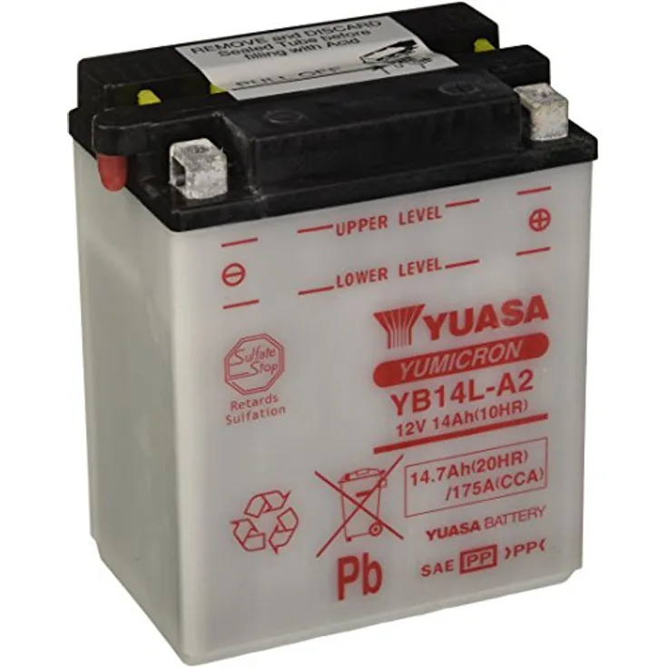 Yuasa YB14L-A2 Motorradbatterie 12V 14Ah, Starterbatterie mit high-performance Glasmatten und Schraubklemme Typ 8