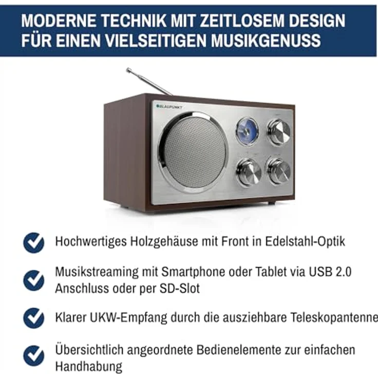 BLAUPUNKT RXN 19 WN Retro Radio, Nostalgie-Designradio mit USB-Port 2.0 und SD Kartenleser Walnuss – Bild 3