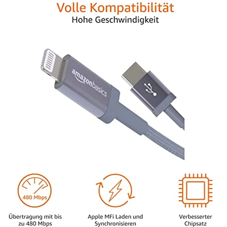AmazonBasics - USB-C-auf-Lightning-Kabel, geflochtenes Nylon, MFi-zertifiziertes Ladekabel für iPhone 11-11 Pro-11 Pro Max-X-XS-XR-XS Max-8-8 Plus, Dunkelgrau, 1,82 m – Bild 3