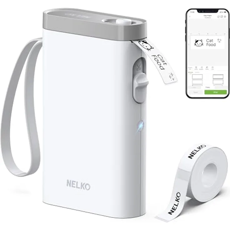 Nelko P21 Etikettendrucker, tragbares Bluetooth Labeldruckgerät mit 203 DPI, iOS/Android-kompatibel, selbstklebend, weiß