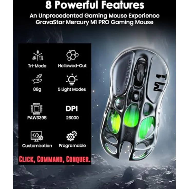 GravaStar Mercury M1 Pro Wireless Gaming Mouse, 26000 DPI, 88g Lightweight, 5 Programmable Buttons, Gunmetal Grey – Bild 2