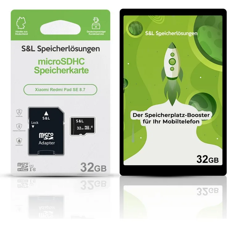 Tec-Expert microSD Karte S&L für Xiaomi Redmi Pad SE 8.7, 32 GB, Class 10, stoßfest und wasserdicht